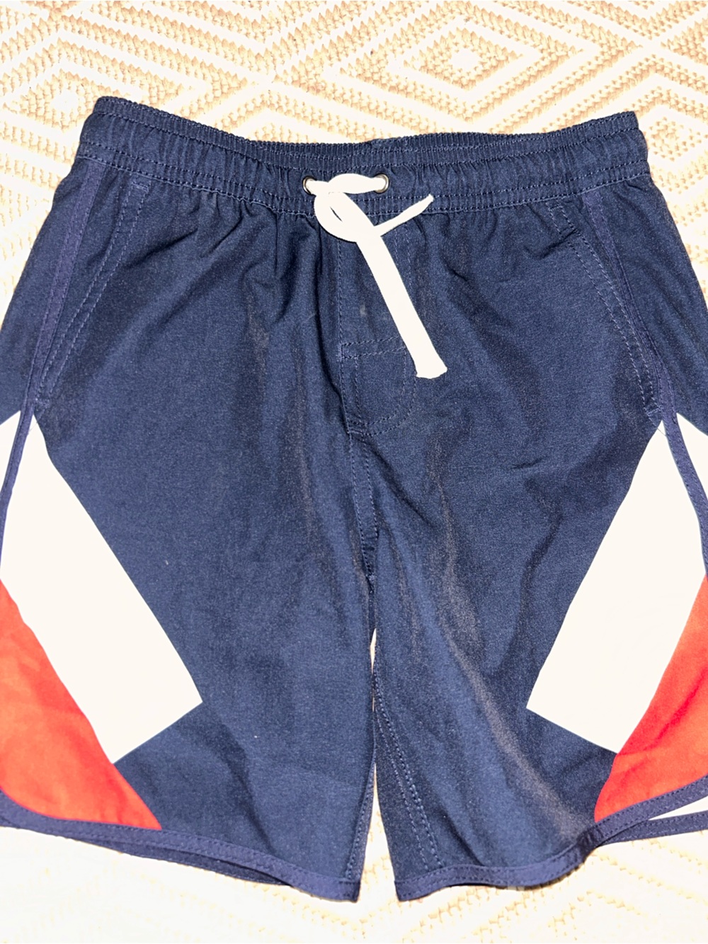Fair Harbor Kids Navy Swim Trunks with Red & White Panels